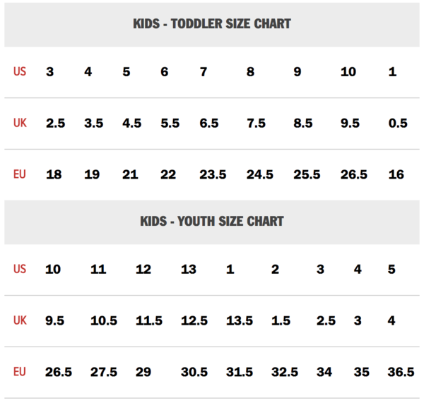 Vans kids deals size chart