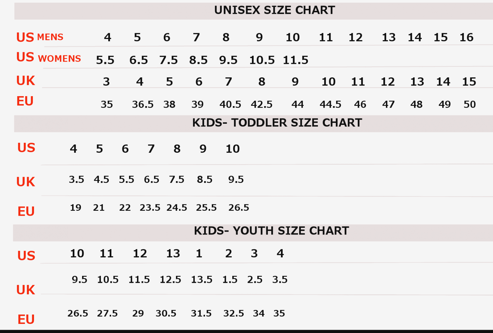 vans girls size chart