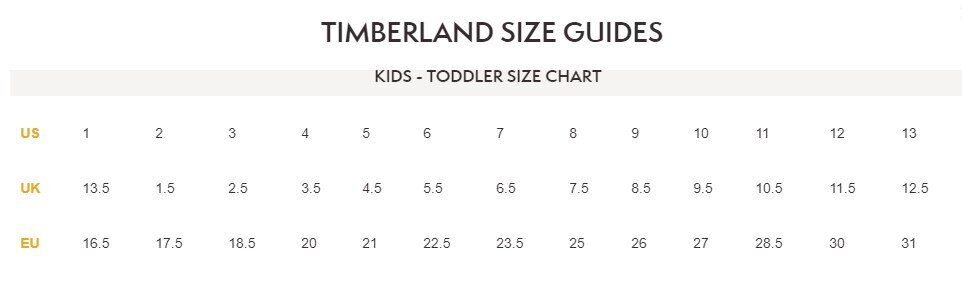 Timberland kid store size chart