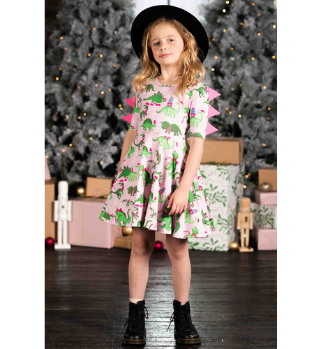 Rock Your Kid Pink Dino S/S Waisted Dress