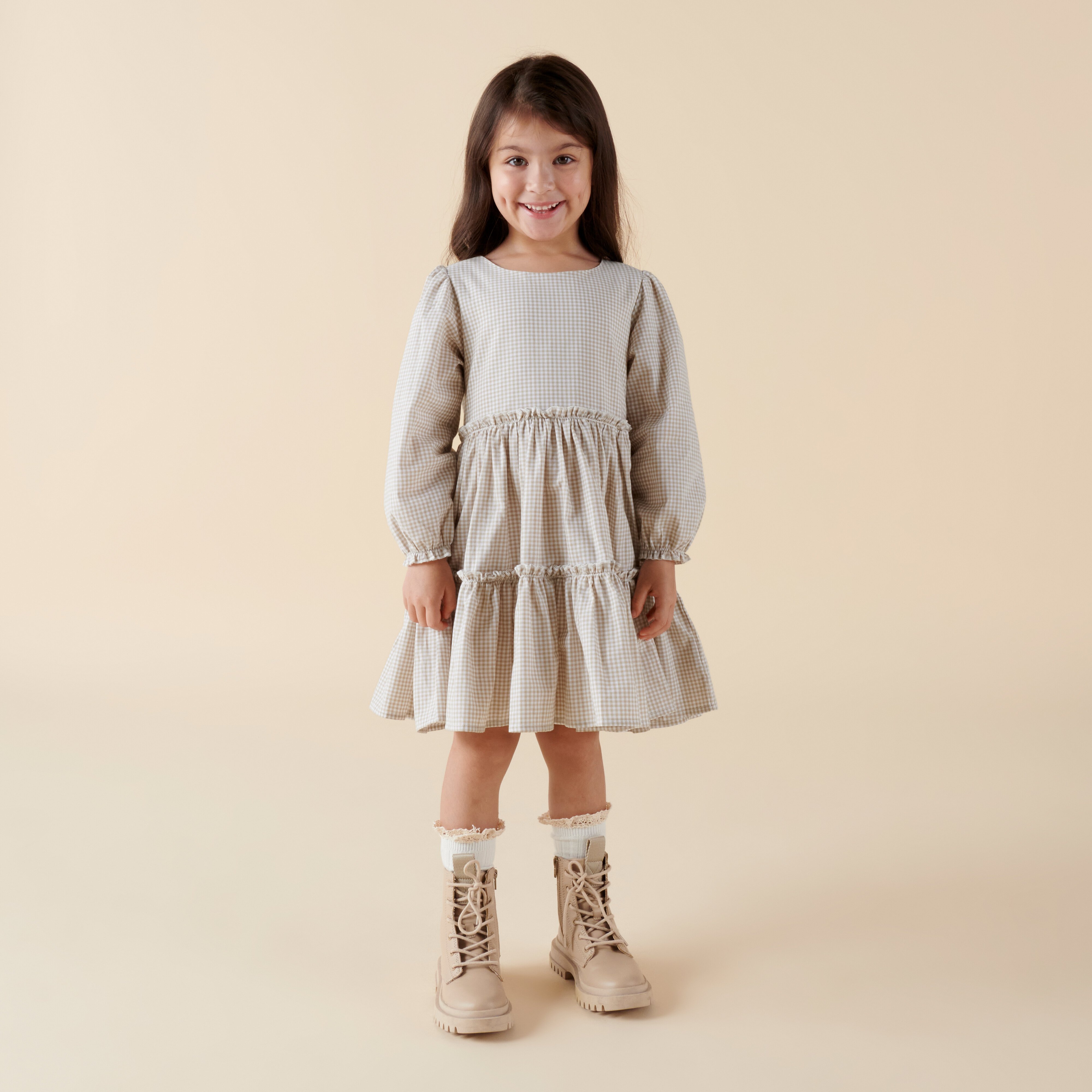 Designer Kidz Gigi Gingham L/S Frill Dress - Oat - CLOTHING-GIRL-Girls ...