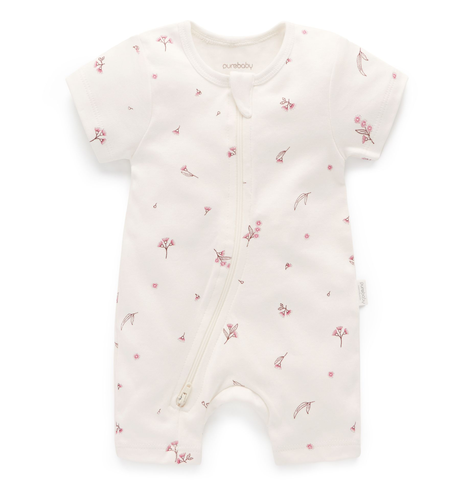 Purebaby S/S Short Leg Zip Growsuit - Vanilla Blossom