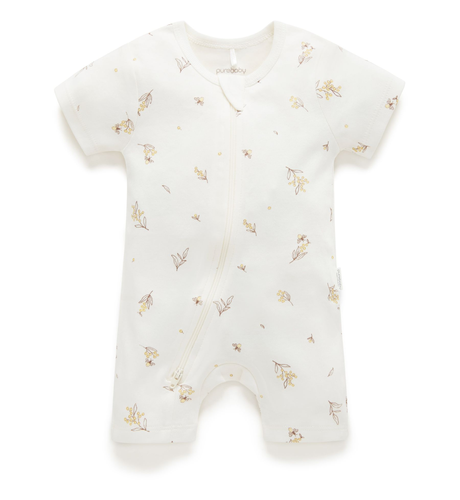 Purebaby S/S Short Leg Zip Growsuit - Vanilla Wattle Bee