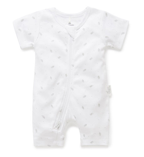 Purebaby S/S Short Leg Zip Growsuit - Pale Grey Leaf