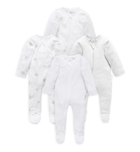 Purebaby 4 Pk L/S Zip Growsuit - Pale Grey Melange