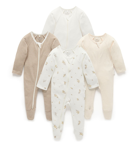 Purebaby 4 Pk L/S Zip Growsuit - Vanilla Wattle Bee