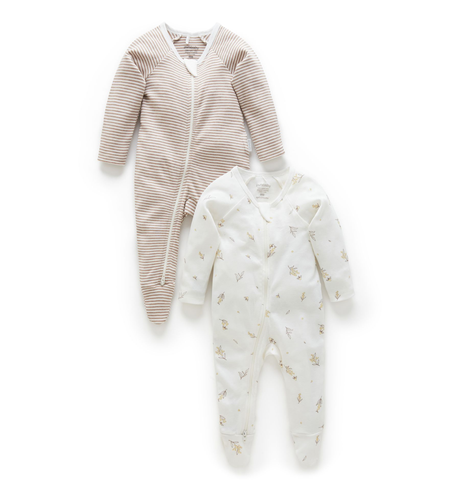 Purebaby 2 Pk L/S Zip Growsuit - Vanilla Wattle Bee