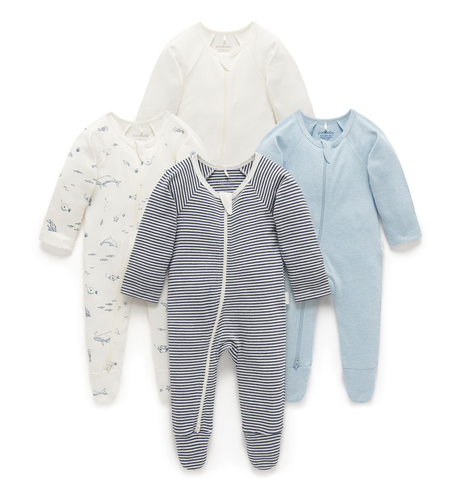 Purebaby 4 Pk L/S Zip Growsuit - Vanilla Nautical