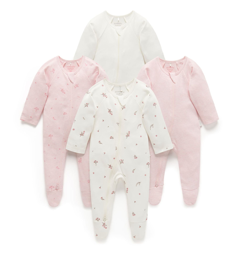 Purebaby 4 Pk L/S Zip Growsuit - Vanilla Blossom - CLOTHING-BABY-Baby ...