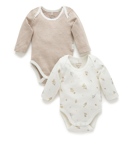 Purebaby Easy Neck L/S Bodysuit 2 Pk - Vanilla Wattle Bee