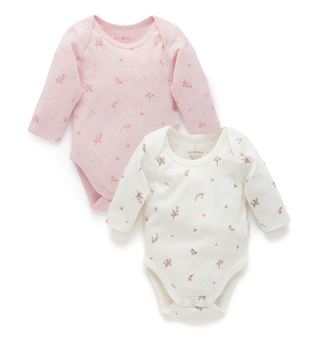 Purebaby Easy Neck L/S Bodysuit 2 Pk - Pale Pink Blossom Pack