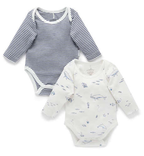 Purebaby Easy Neck L/S Bodysuit 2 Pk - Vanilla Nautical