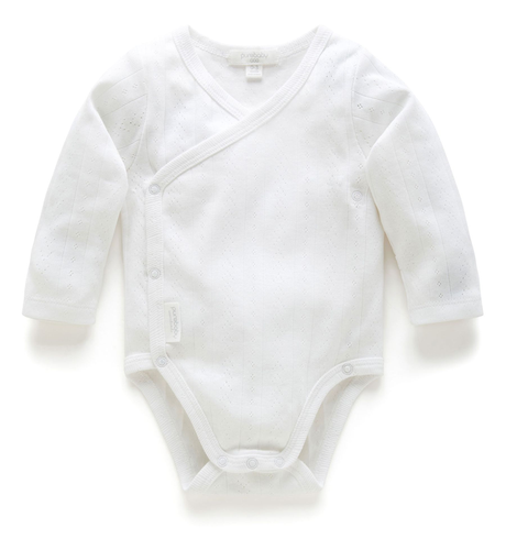 Purebaby Essentials Pointelle L/S Wrap Bodysuit - White